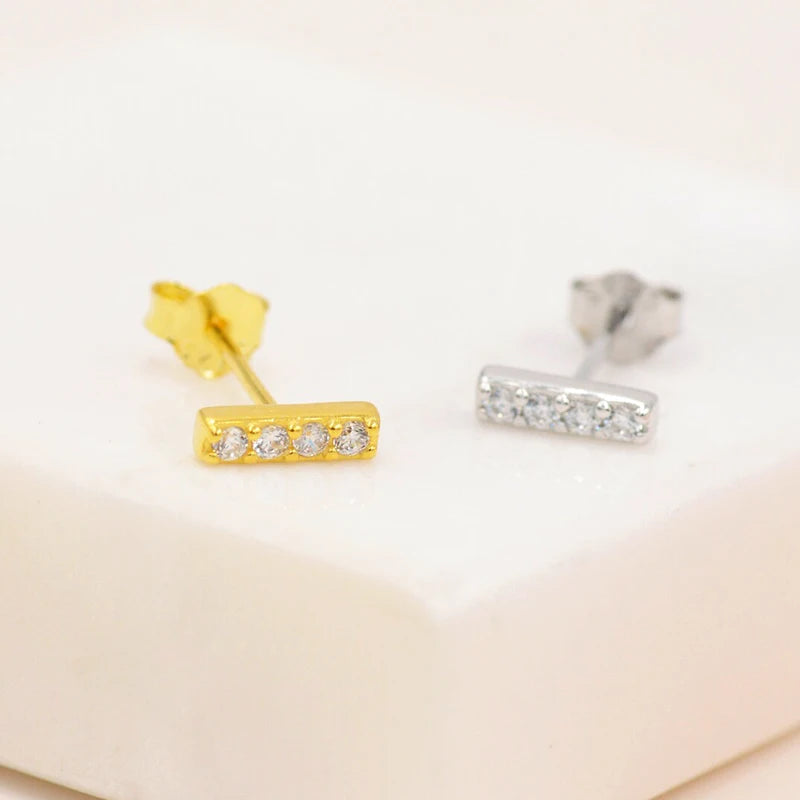 925 Sterling Silver Ear Needle Zirconia Minimalist Small Stud Earrings For Women Fashion Flat Bar Earrings Fine Jewelry Gifts