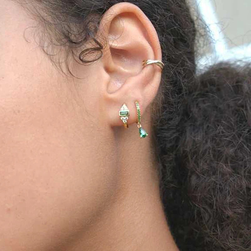 925 Sterling Silver Ear Buckle Green Series Crystal Cube Zircon Pendientes Hoop Earring Fashion Premium Huggie Jewelry For Women