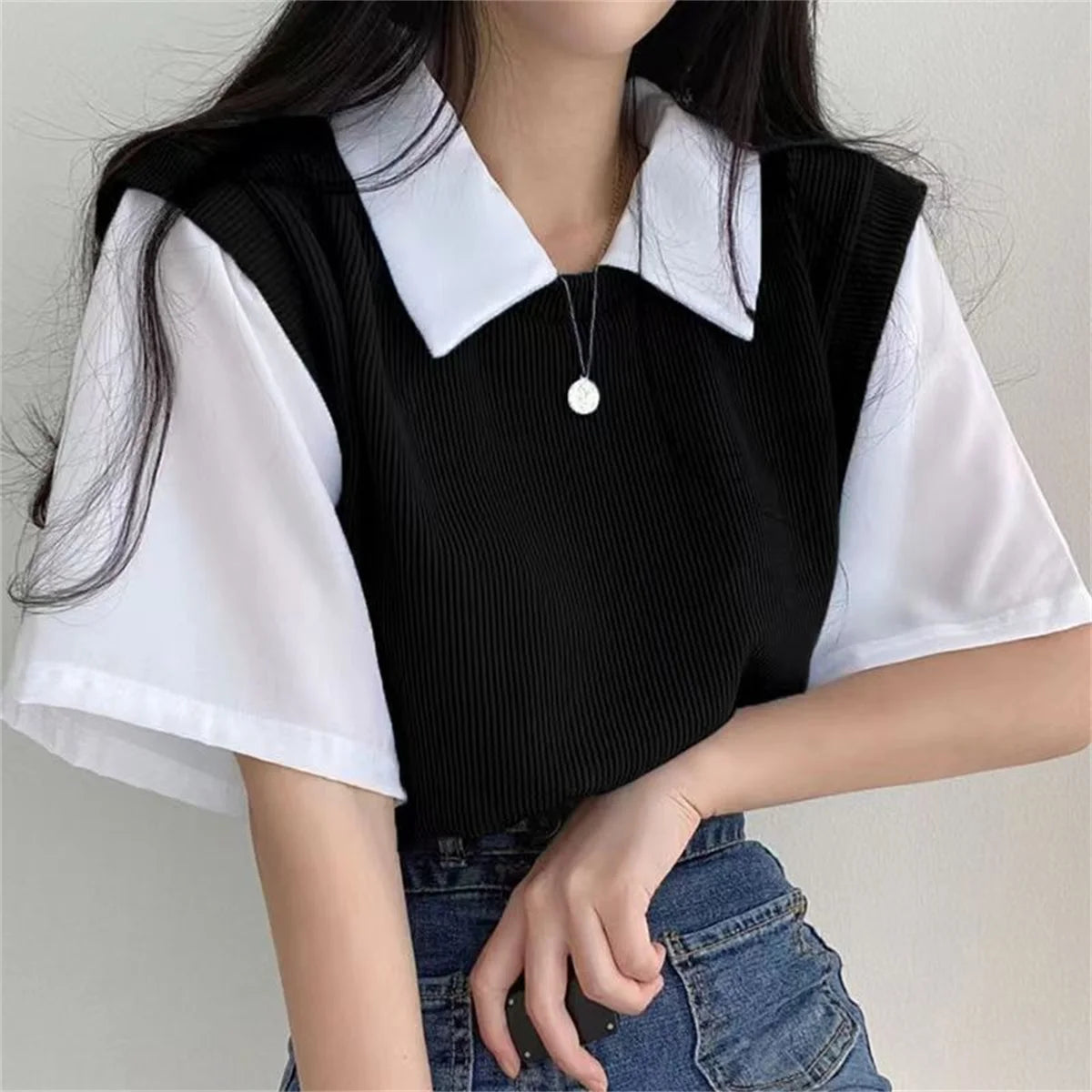 Summer Academy Style Color Blocking Polo Collar Top Fake Two-piece Short Sleeve T-shirt Women Lazy Loose Casual Versatile Blouse Viralgem Store