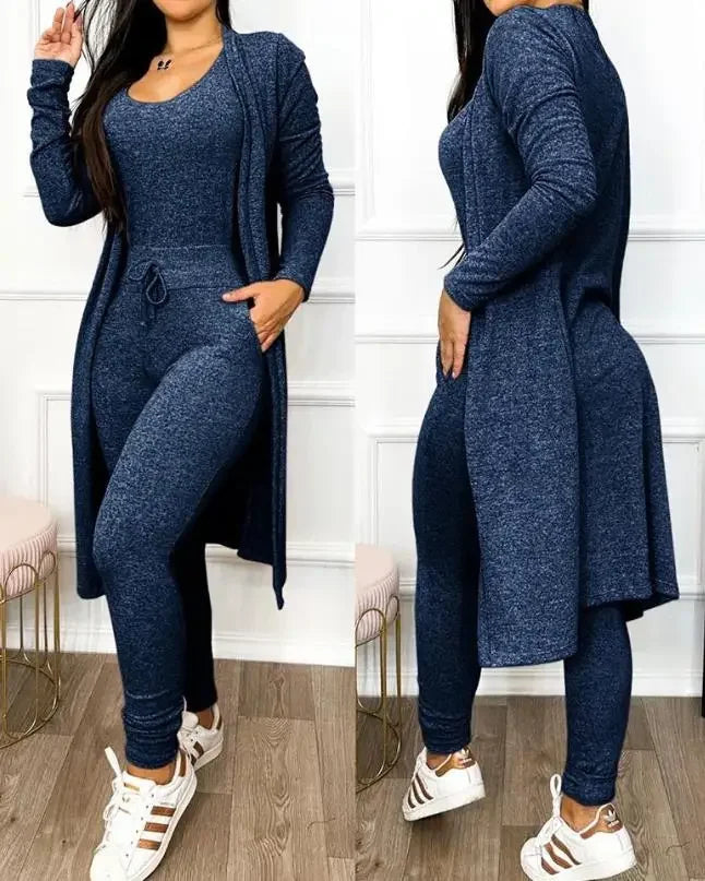 Two Piece Set Women Outfit 2025 Spring Fashion Drawstring Pocket Design U-Neck Sleeveless Skinny Jumpsuit & Long Sleeve Coat Set Viralgem Store