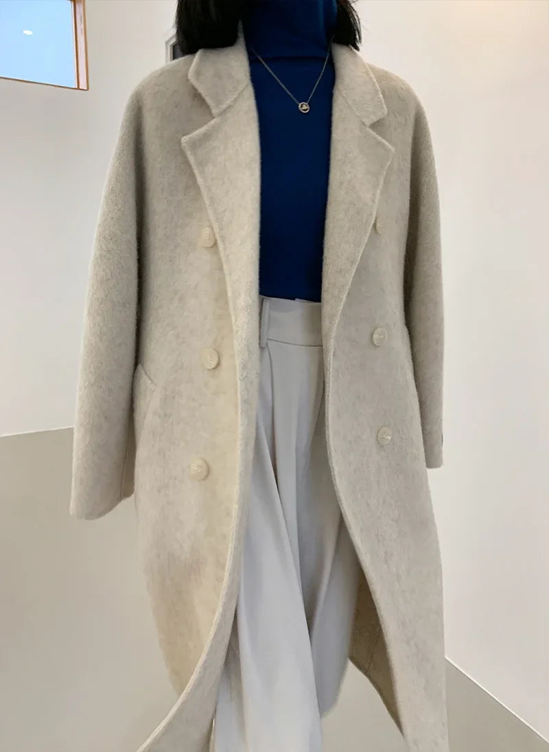 2024 Autumn Winter Wool Coat Women Double-breasted Solid Color Women's Double-sided Woolen Belt Coats Loose Warm Wool Jacket