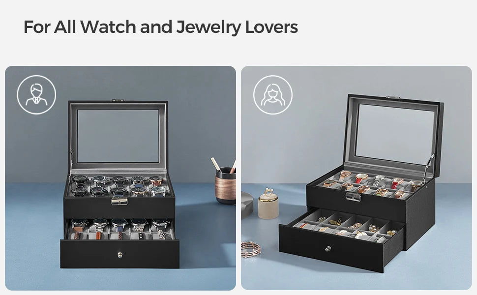 20-Slot Watch Organizer Case, Watch Case with Glass Lid, 2 Layers, Lockable Watch Display Case, Black Synthetic Leather, Gray Viralgem Store