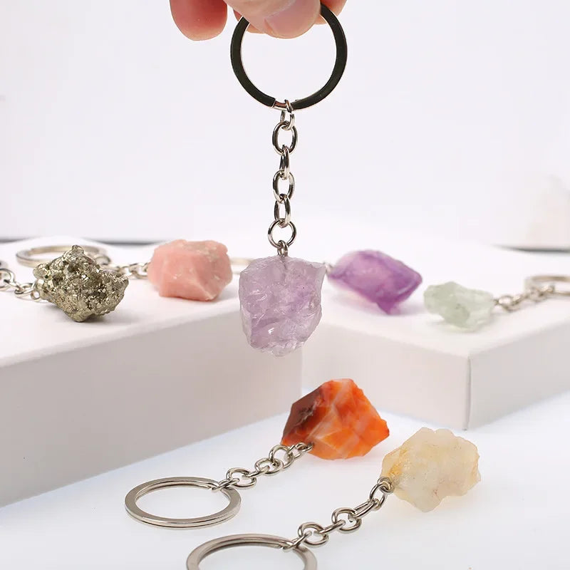 20pcs Natural Rough Raw Stone Crystal Quartzs Keychain Women Men Handbag Hangle Car Key Holder Raw Mineral Stone KeyRing Jewelry Viralgem Store