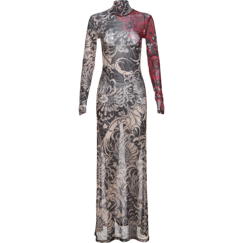 Weird Puss Thin Sheer Women Dress Mesh Contast Color Print High Waist Slim Fit Fashion Bodycon Nightout Clubwear Party Long Robe