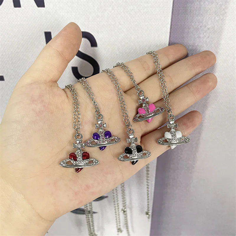 1pc Trendy Fashion Silver Color Chain Necklaces Love Heart Saturn Planet Pendant for Women Accessories Gift
