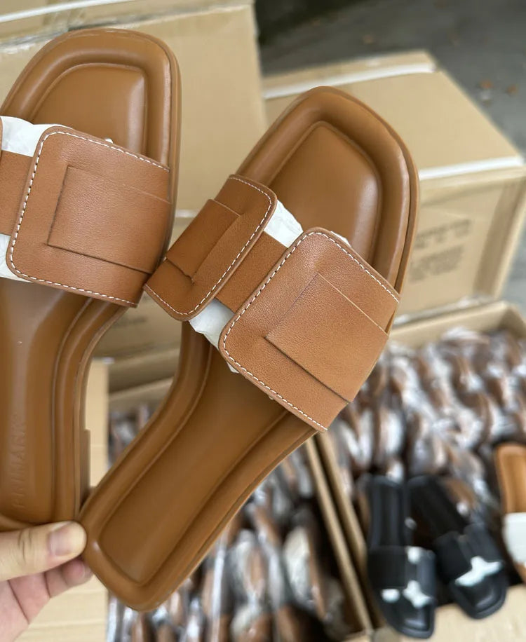 2024 Women Modern Slippers Summer Outdoors Comfortable Flat Slippers Luxury Leather Slippers Casual Slides Shoes Females Sandals