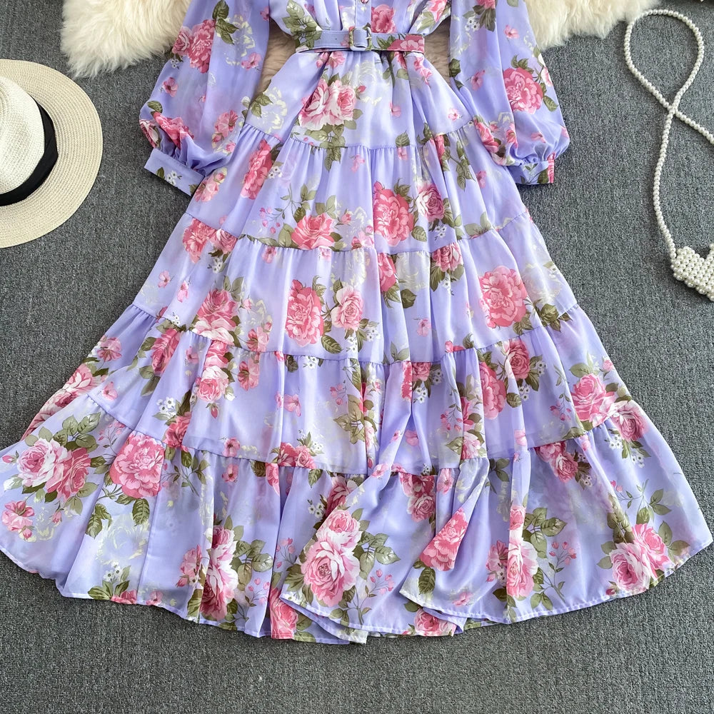 Spring Autumn Women Floral Chiffon Long Dress Vintage Purple/Pink/Black/Beige Stand Collar Single Breasted Maxi Robe Elegant New Viralgem Store