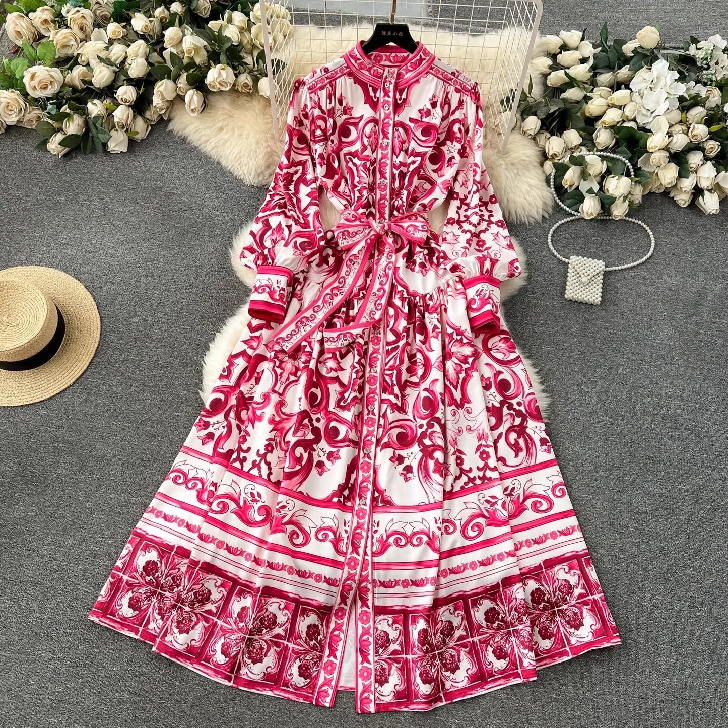 TRAF Runway Blue And White Porcelain Print Holiday Maxi Dress Women's Stand Single Breasted Loose Lace- Up Long Robe Vestido
