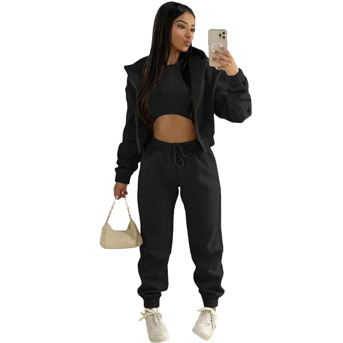 3pcs Women's Clothing Set Fleece-lined Hooded Sweater &Sleeveless Tank Top & Sports Sweatpants Pants Viralgem Store