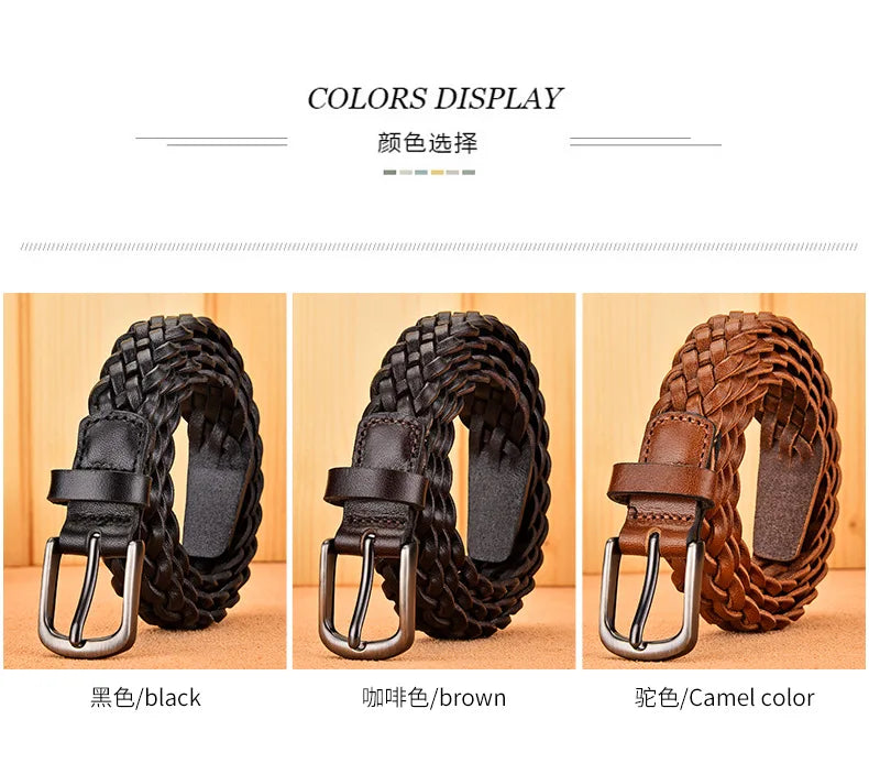 2023 Women Casual Luxury New Style Width 2.5cm  Woven Belt Needle Buckle Real Leather Head Layer Cowhide Handmade Decorative