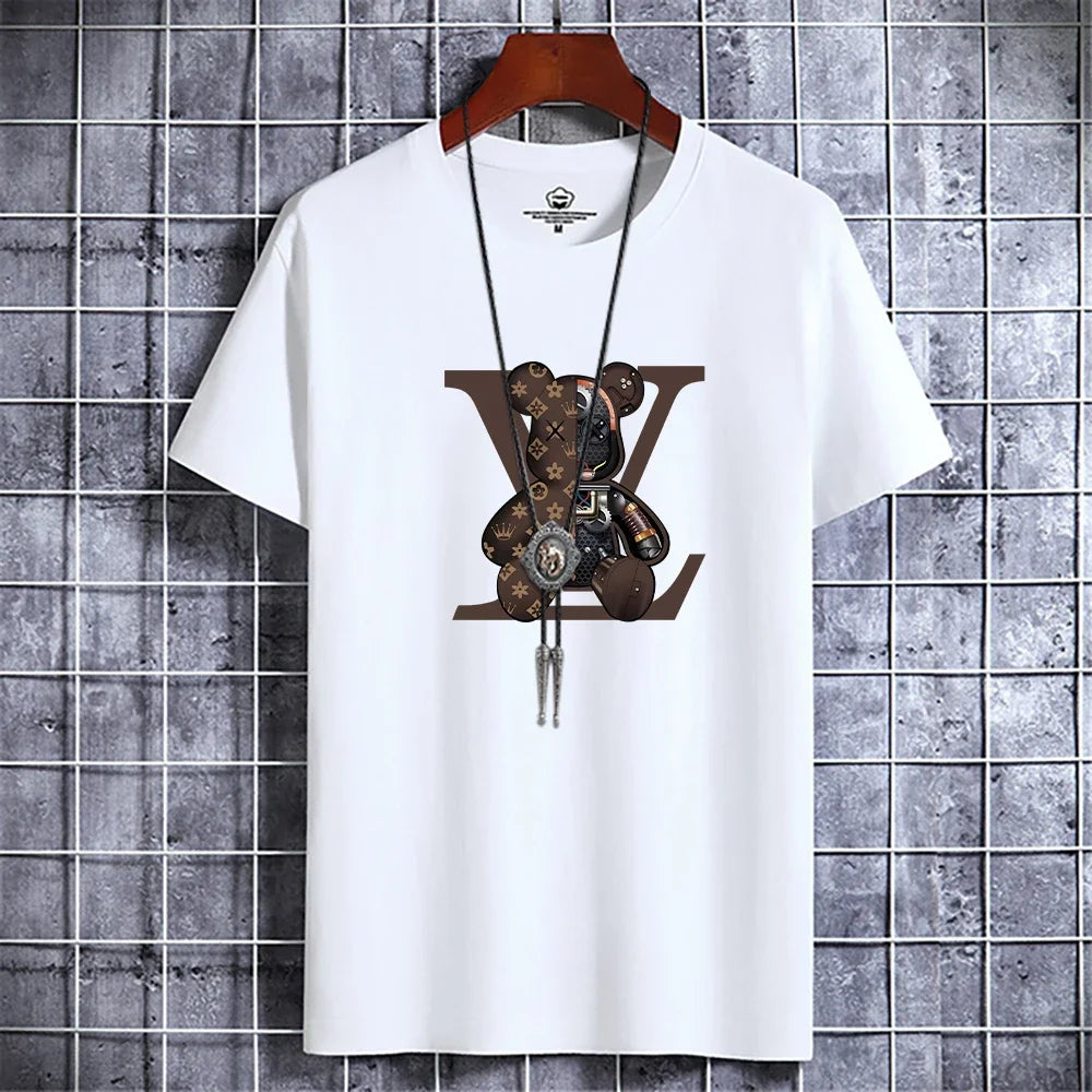 Summer Men's Luxury Casual T-Shirt Retro Y2k Designer Short Sleeve Tees Male Vintage Cotton Trendy High Quality Bear Print Tops