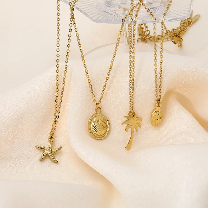 Tarnish Free Stainless Steel Waterproof Jewelry Starfish Conch Shell Coconut Palm Pendant Necklace for Women Girls Holiday Gift