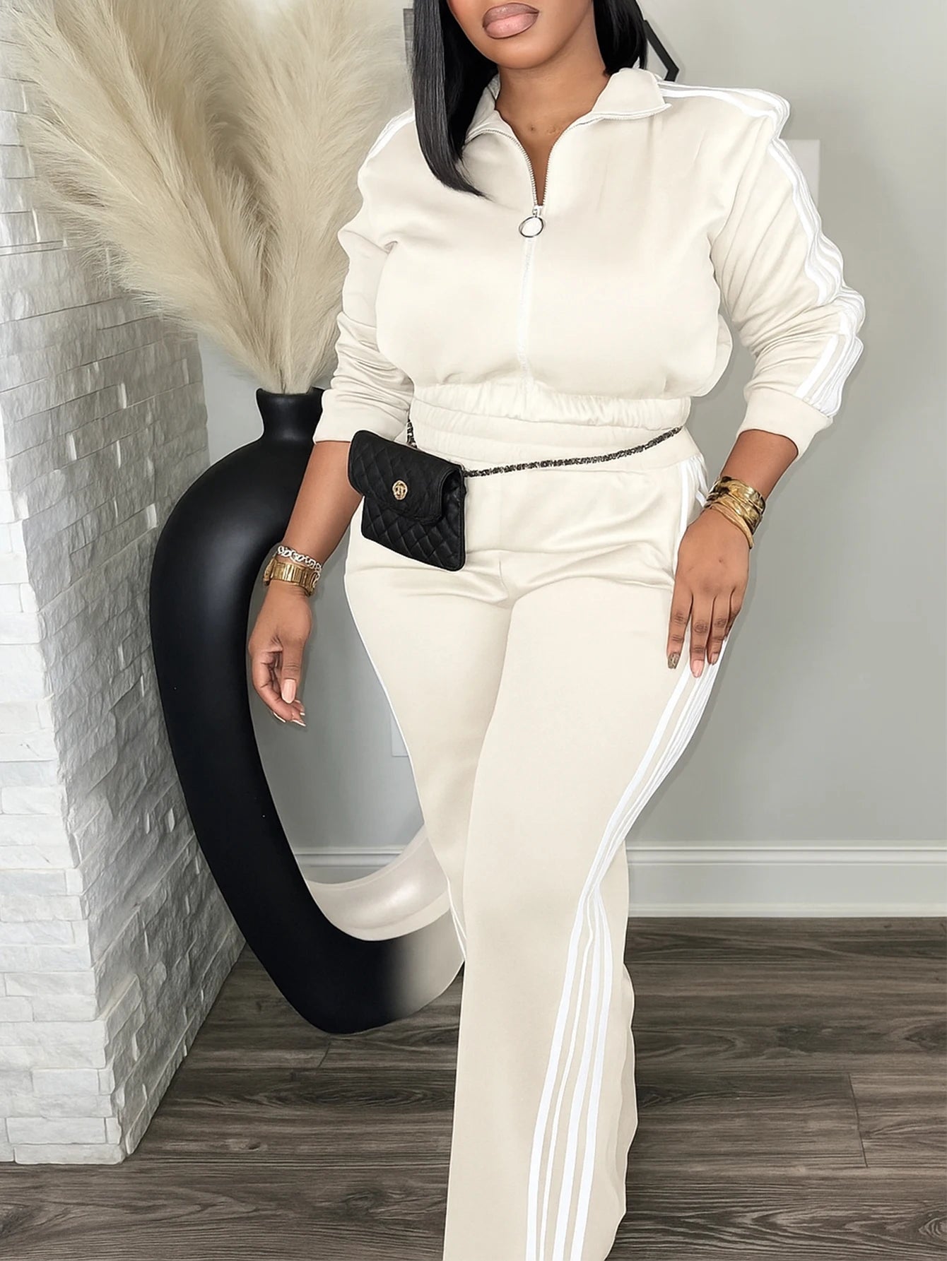 Women’s 2 Piece Tracksuit Set Zip-Up Top + High Waist Pants Side Stripe Casual Outfit Viralgem Store