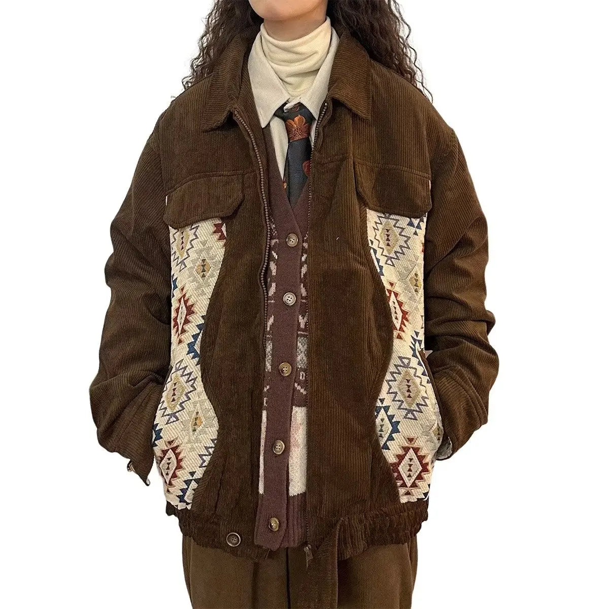 Women Jackets Geometric Contrast Color Leisure Fashion Versatile Retro Japanese Style Chic Streetwear Blocking Coats Warm Daily