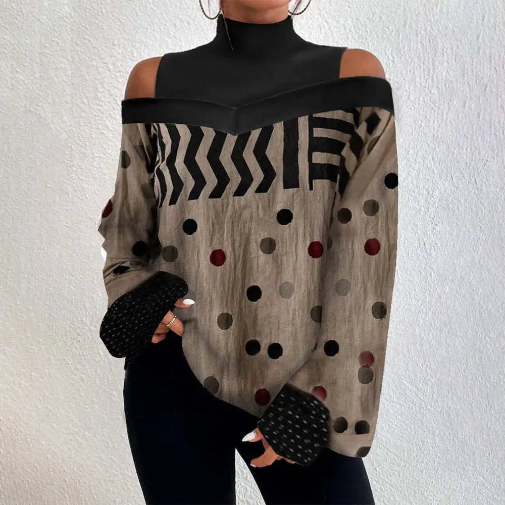 2024Ladies Long Sleeve Turtleneck Tops Women Sexy Off Shoulder Hollow Out Loose Printing T-shirt 2024 Autumn Fashion T-shirt Top Viralgem Store