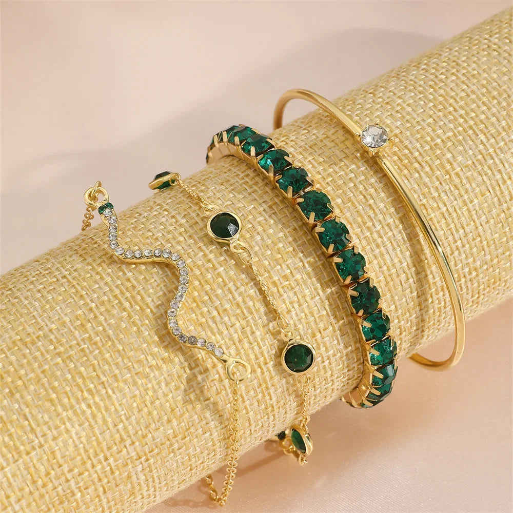 4Pcs/Set Fashion Snake Green Gemstone Bangle Rhinestone Full Metal Bracelet For Women Birthday Party Christmas Gift Jewerly Viralgem Store