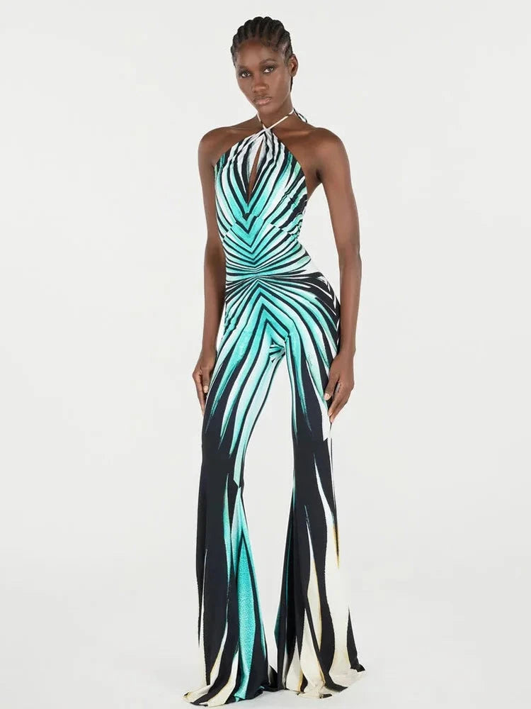 Ahagaga Fashion Printed Women Jumpsuits Halter Bandage Hollow Out Striped Skinny Flare Pants Sexy Streetwear Rompers Female Viralgem Store