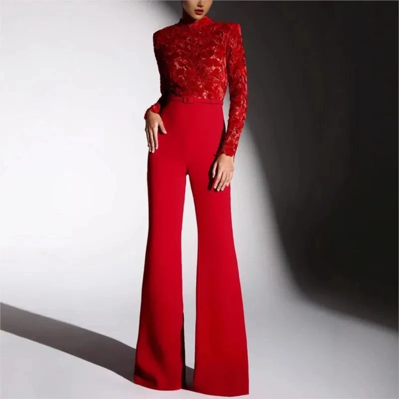 Embroidery Lace Red Jumpsuits Women Sexy Slim Long-sleeved Belt High Waist Jumpsuit Female 2025 Casual Lady Party Rompers Viralgem Store
