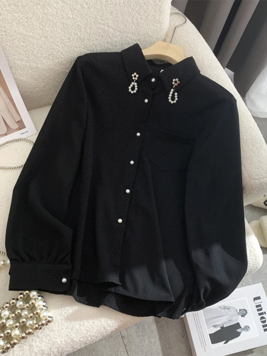 Women's Black Gothic Shirts Blouses Y2k Aesthetic Vintage Korean 2000s Elegant Oversize Long Sleeve Polo-Neck Shirt Clothes 2025 Viralgem Store