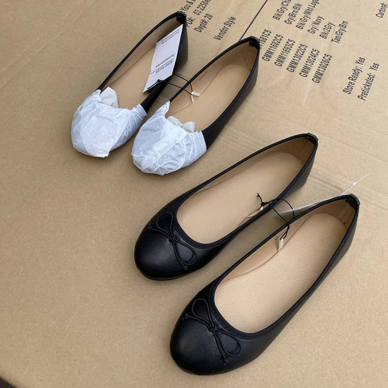 2026 Spring Elegant Bowknot Ballet Flats Classic Shoe Round Toe Comfort Slip-On Ladies Fashion Loafers Leather Mules Shoes Viralgem Store