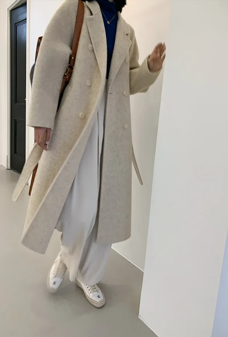 2024 Autumn Winter Wool Coat Women Double-breasted Solid Color Women's Double-sided Woolen Belt Coats Loose Warm Wool Jacket