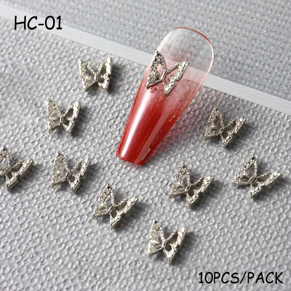 10pcs/pack Butterfly Shaped Nail Charms 3D Gold Silver Butterflies Rhinestone Zircon Jewelry DIY Nail Art Decoration Accessories