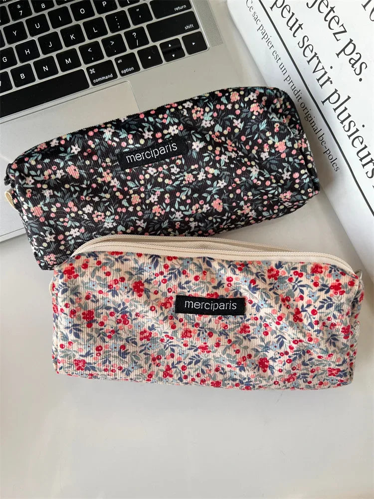 Women Flower Cosmetic Bags Girl Pencil Case Embroidery Student Korean Kawaii Cases for Girls Make Up Brush Storage Pouch