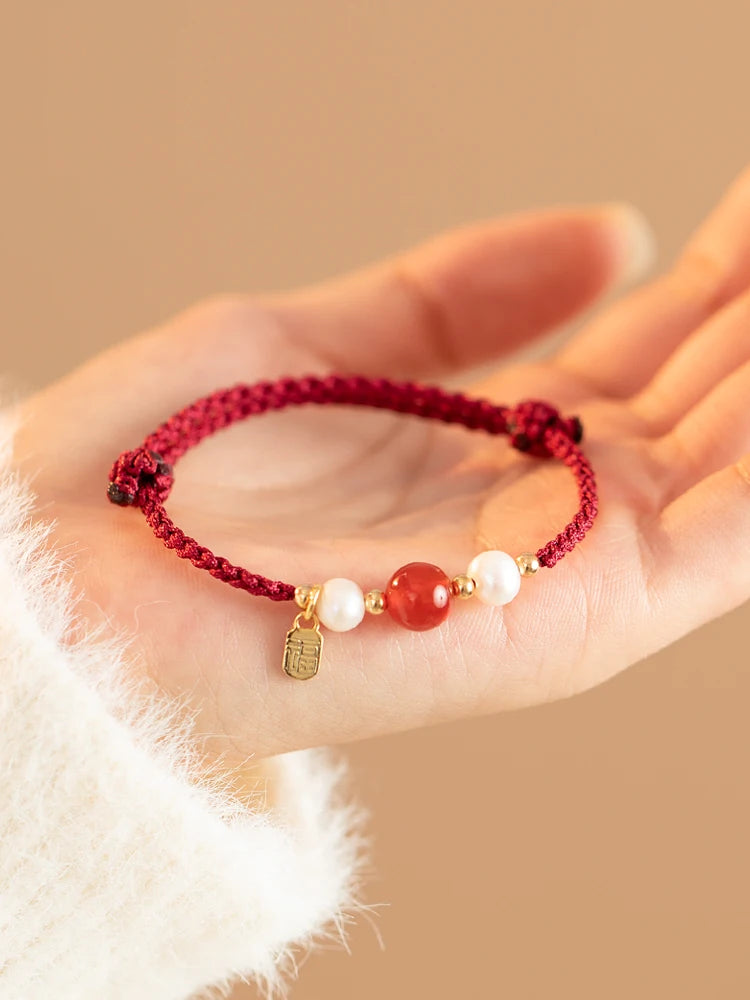 2024 Year of The Dragon Amulet Red Agate Red Rope Bracelet Get Rich Female Good Luck Pearl Beads Braided Rope HandRope Couple