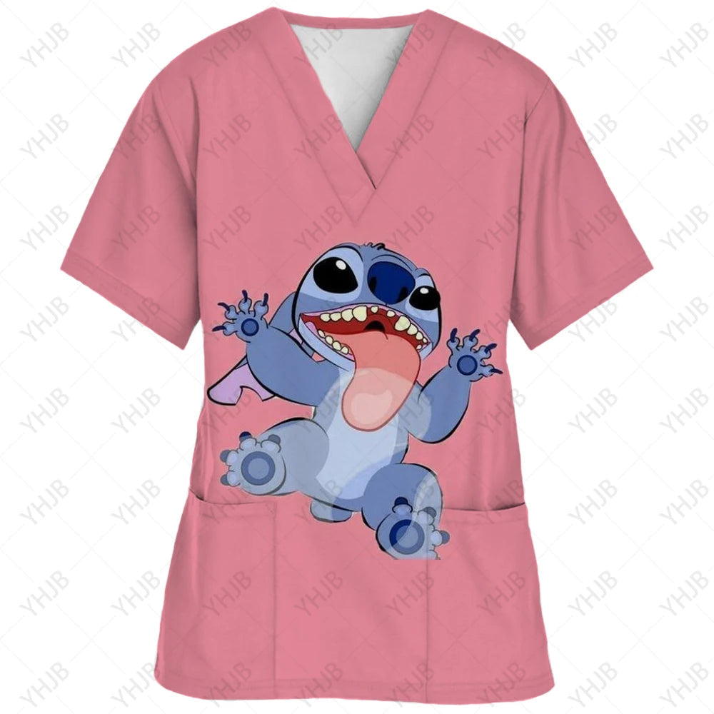 Top Women 2024 Minnie Mouse Tops Disney T Shirt Pocket T-shirts Hospital T-shirt Summer Nurse Uniform Woman Clothes Mickey Tees