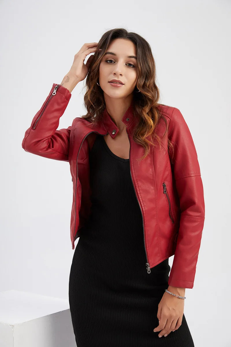 Women Moto Biker Zipper Jacket 2024 Faux Leather Jacket Women Spring Autumn Coat Black Brown Red Purple Navy Coffee Black XS 4XL Viralgem Store