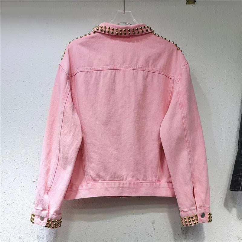 Women Rainbow Diamonds Beaded Pink Denim Coat Loose Rhinestones Jeans Jacket Long Sleeve Crystal Cowboy Cardigan Rivets Tops