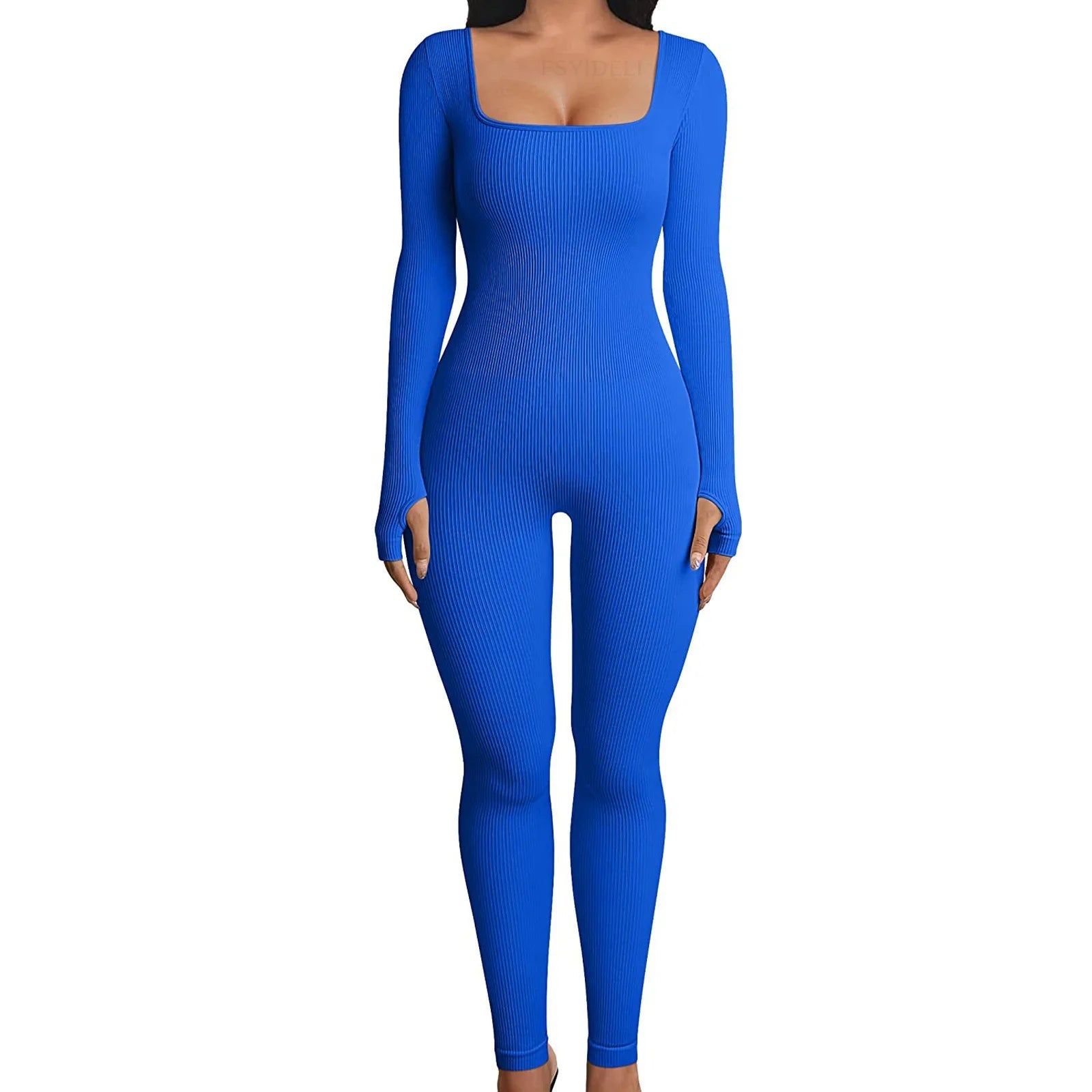Women Elegant Skinny Jumpsuits Fall Winter Solid Ribbed Knit Long Sleeve Jumpsuit Y2k Square Neck Bodycon Sport Playsuits Female Viralgem Store