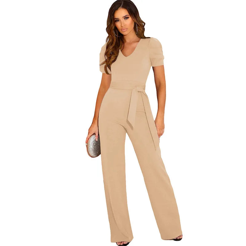 2024 Summer New Style Strap Waist Wrapped jumpsuit Women's Solid Color V-neck Short Sleeve Wide Leg Long Pants