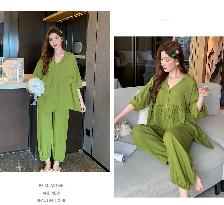 2023 New Cotton Silk Summer Pajamas Suit Plus Size Loose Ladies Home Clothes Two-piece Casual Style Thin
