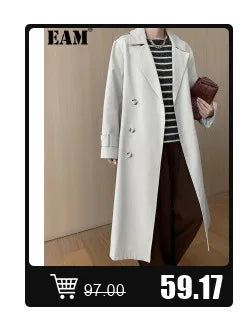 [EAM] Big Size Gray Jacket Wide Leg Pants Two Piece Suit New V-Neck Long Sleeve Women Fashion Tide Spring Autumn 2024 1DH6481