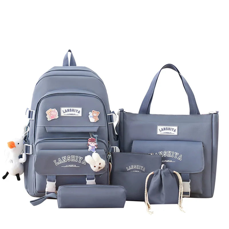 5-piece Set of Free Pendants Forest Style Korean Version Casual Harajuku Student Backpack for High School Girls Large Capacity Viralgem Store