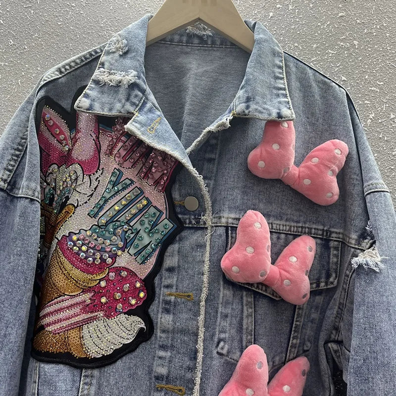2024 New Women Coat Cartoon Sticker Embroidered Sequin Short Denim Jacket Loose Bowknot Top