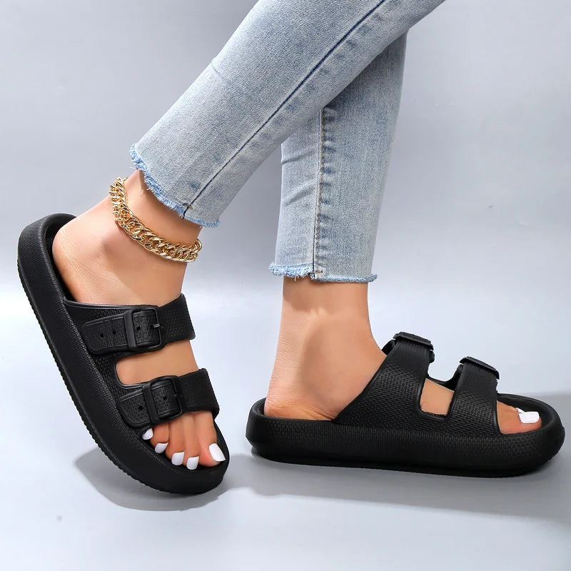 Summer Slippers Double Buckle Slide Sandals Women Couple Home Slides EVA Thick Sole Light Weight Flip Flops Bothe Shower Shoes Viralgem Store