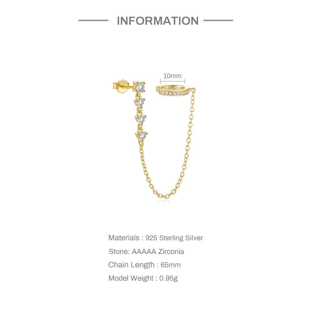 Aide 925 Sterling Silver 1pc Four Zircons Charm Chain Tassel Earrings For Women Double Studs Sparkling CZ Pave Cartilage Clips