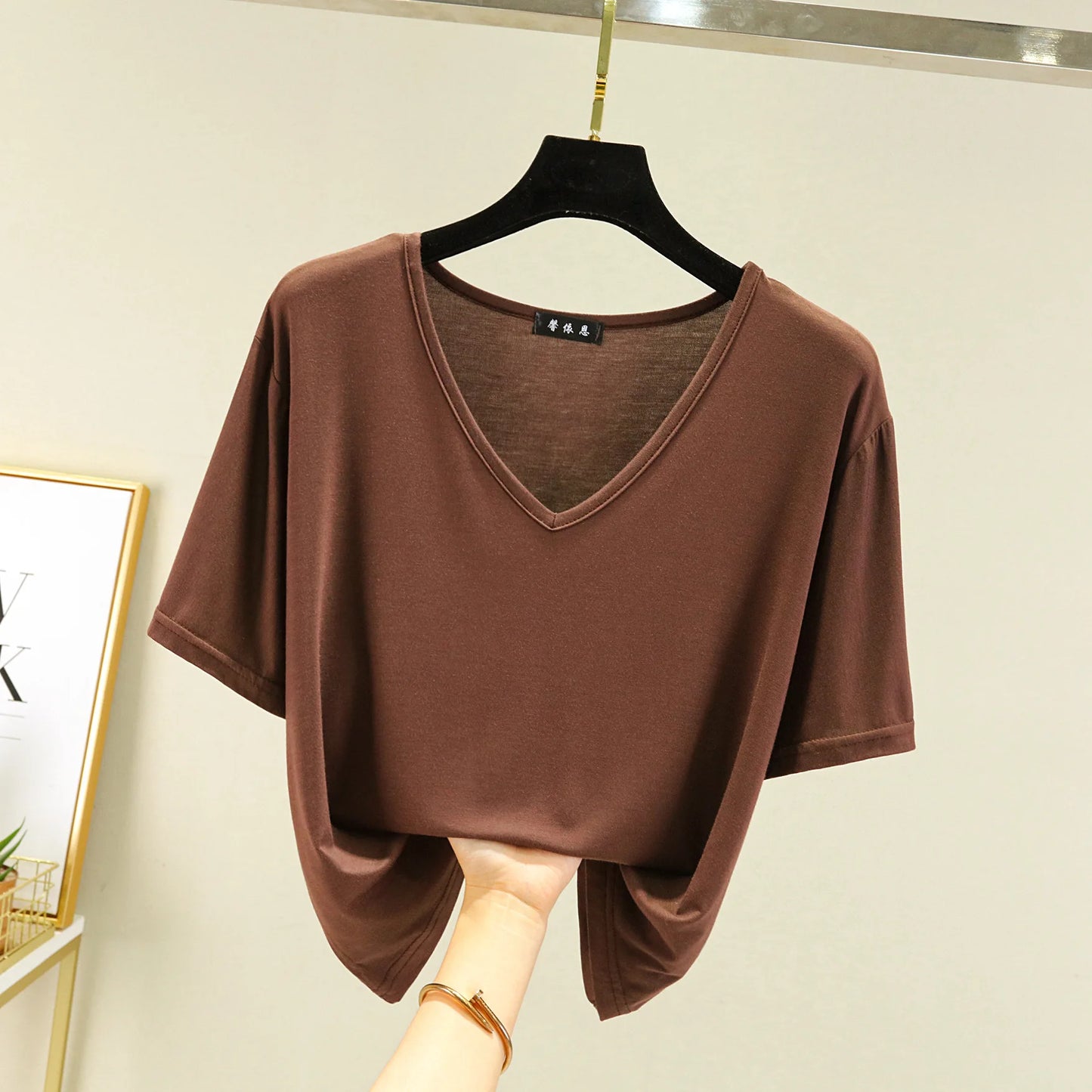 Women's T-shirt Modal V-Neck Short sleeves Tops Summer Casual T Shirts  Solid color Loose basic Bottoming Tees