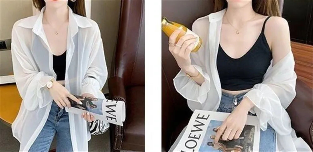 2023 Summer New Thin Women's Sun Protection Jacket Loose Long Sleeves Medium Long Chiffon Shirt Fashion Style Purple Female Tops