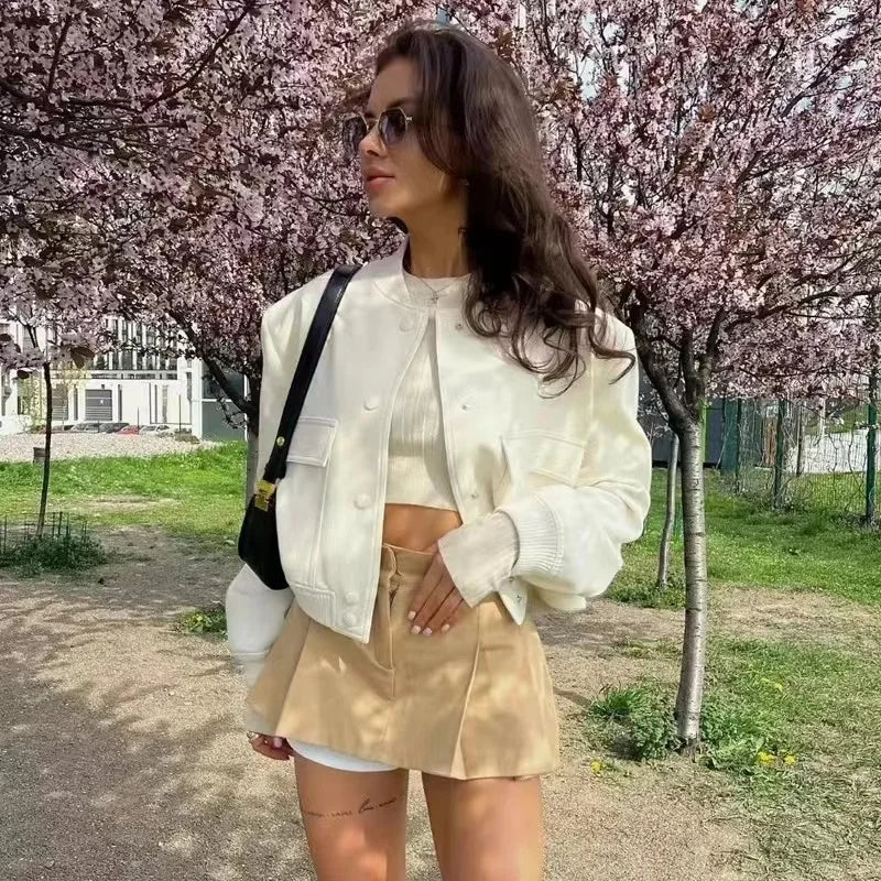 2024 Woman Bomber Jacket Coat White Autumn Winter Button Baseball Aviator Cropped Jackets For Women Long Sleeve Crop Outerwear