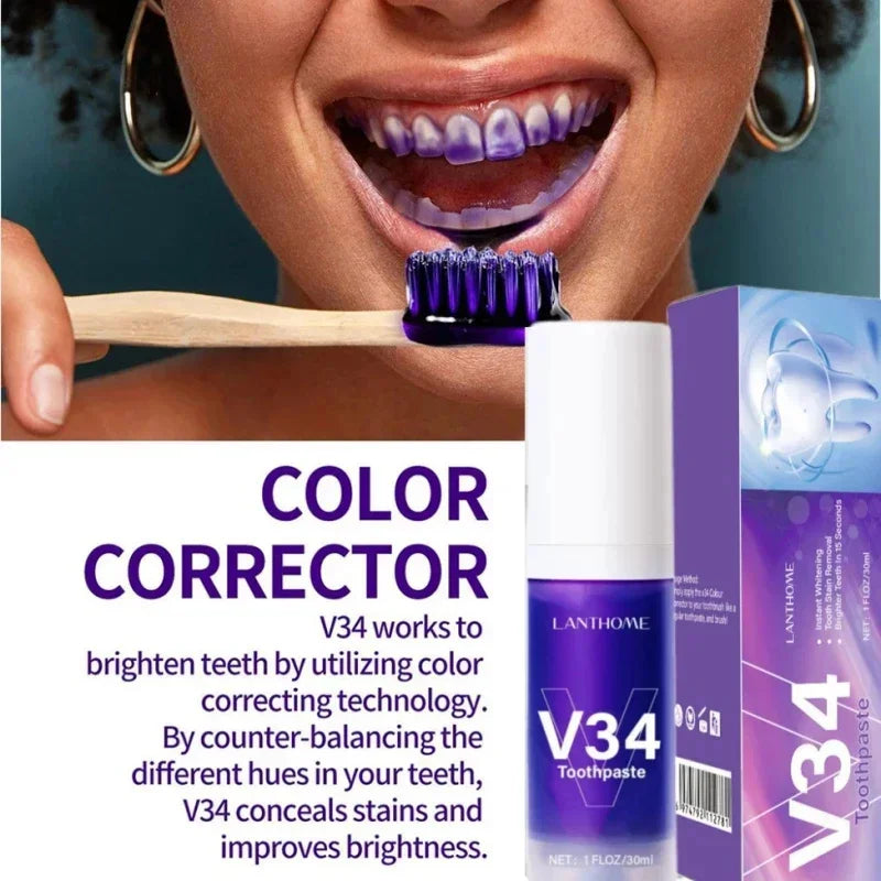 V34 Purple Teeth Whitening Toothpaste Remove Plaque Stains Cleaning Oral Hygiene Dental Bleach Tools Fresh Breath Beauty Health
