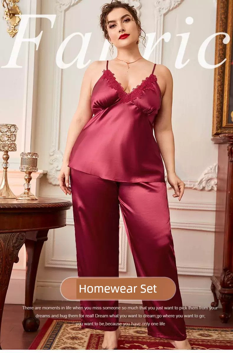 100.00kg Plus Size Ladies Plus Size Ice Silk Pajamas Fat Women plus Size Pajamas Set 2pcs 5x