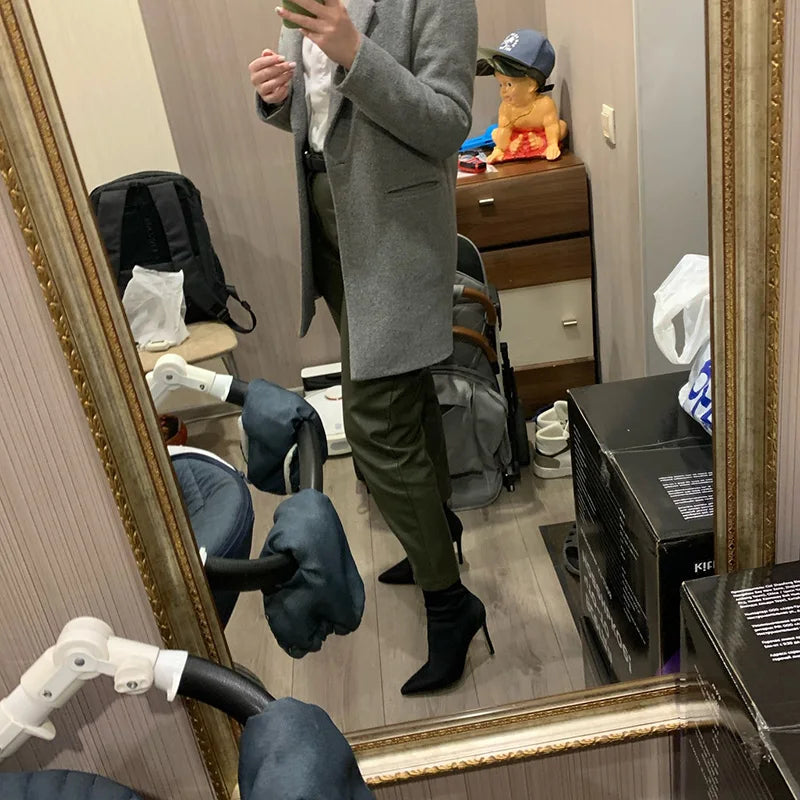 Women 7.5cm 10cm High Heels Winter Thermal Boots Green Low Heels Stretch Silk Ankle Boots Lady Warm Pointed Toe Sexy Party Shoes