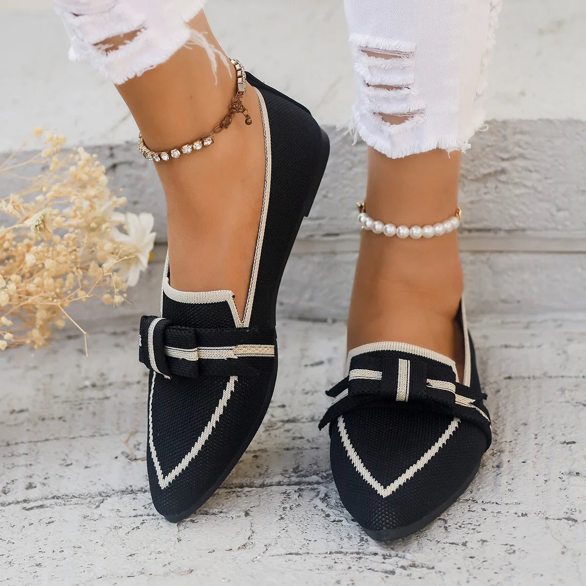 Women Flats 2024 New Knitted Slip Breathable Comfortable Solid Color Shoes Casual Pointed Toe Walking Loafers Sneakers Women Viralgem Store