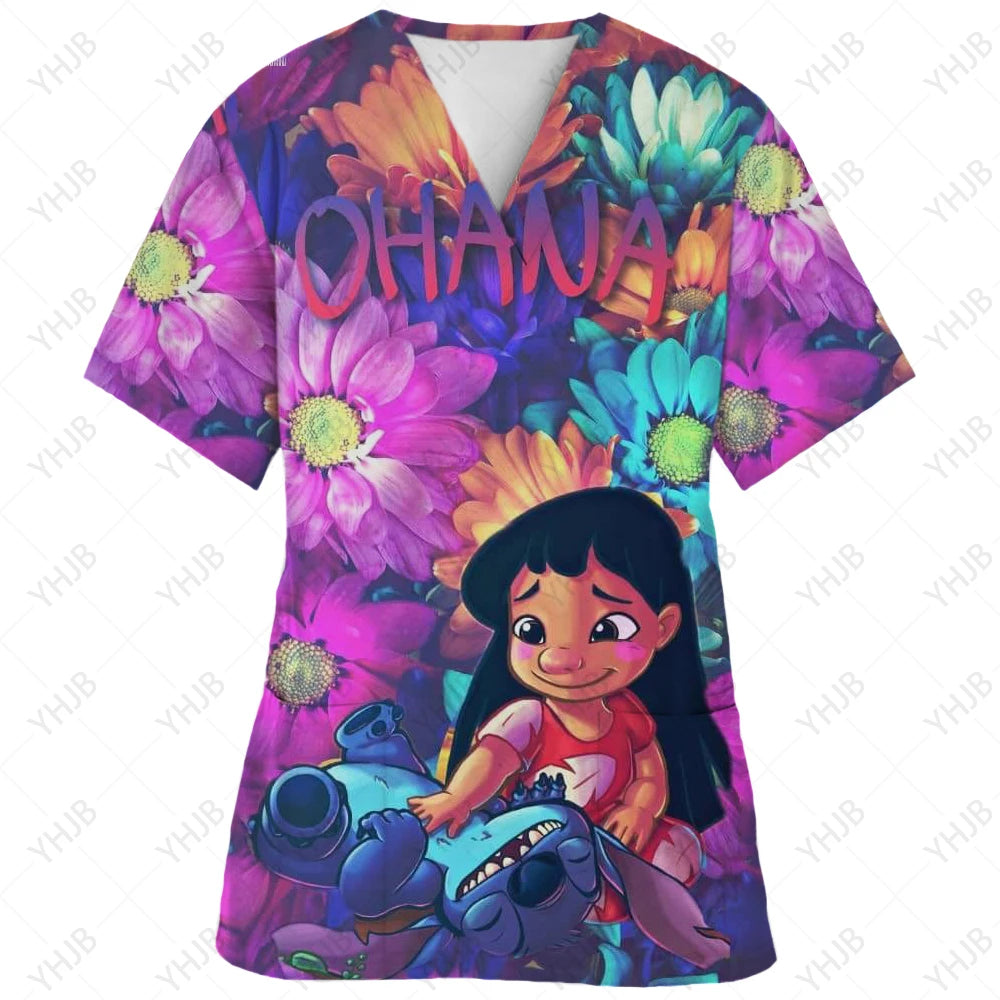 Top Women 2024 Minnie Mouse Tops Disney T Shirt Pocket T-shirts Hospital T-shirt Summer Nurse Uniform Woman Clothes Mickey Tees