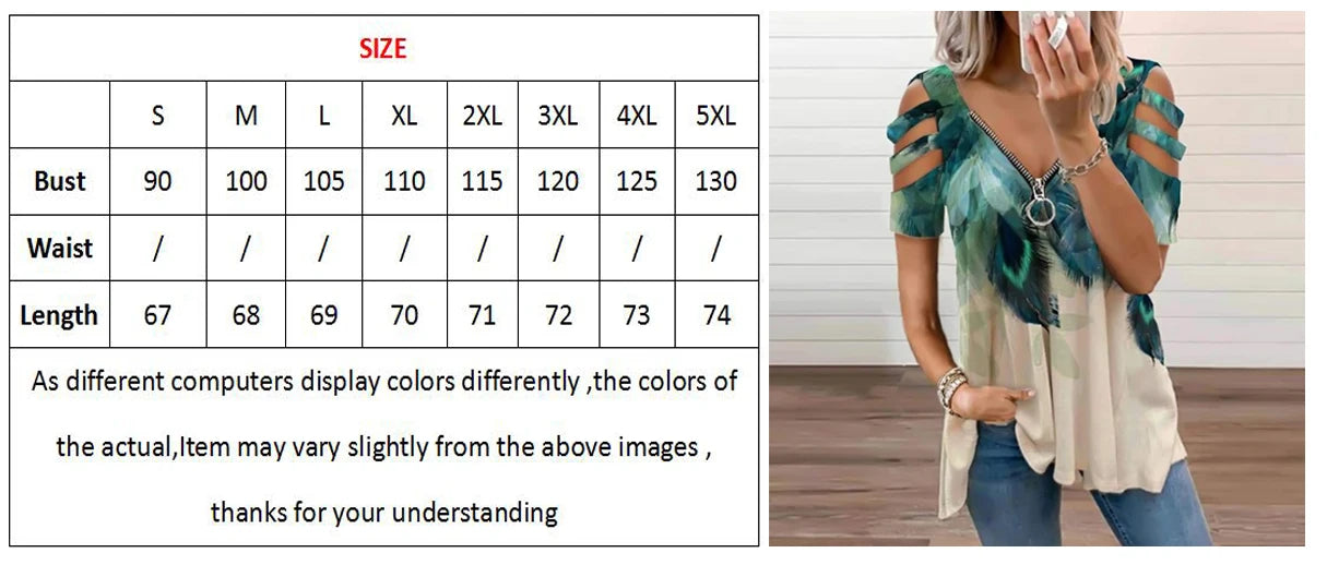 Summer Women's Oversized T-shirt 2022 Elegant Print Floral Casual Zipped V-Neck Sexy SlimTop Female Plus Size For Women Clothing