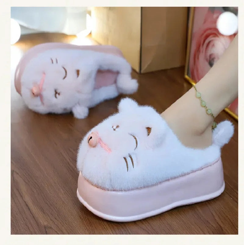 8 cm High platform fur slippers women's winter fluffy ear home shoes woman white bunny rabbit slippers woman house clog shoes