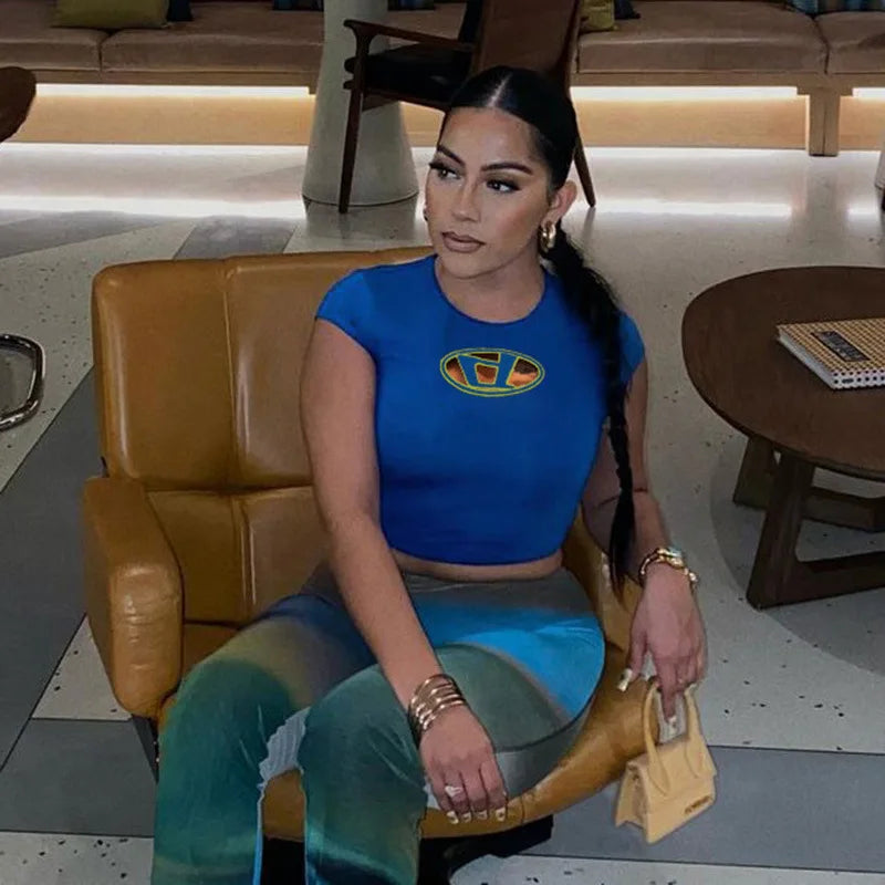 Y2k Top Shirts for Women Fashion Street Spice Girl Slim Show Chest D Embroidery Crop Short Open Umbilical Versatile Top